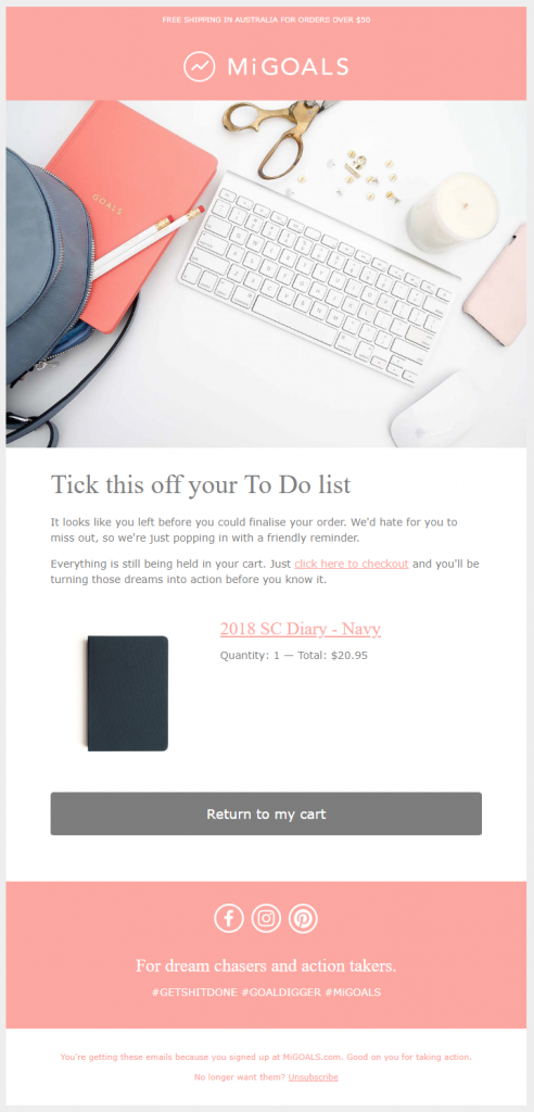 abandoned cart emails MiGoals example